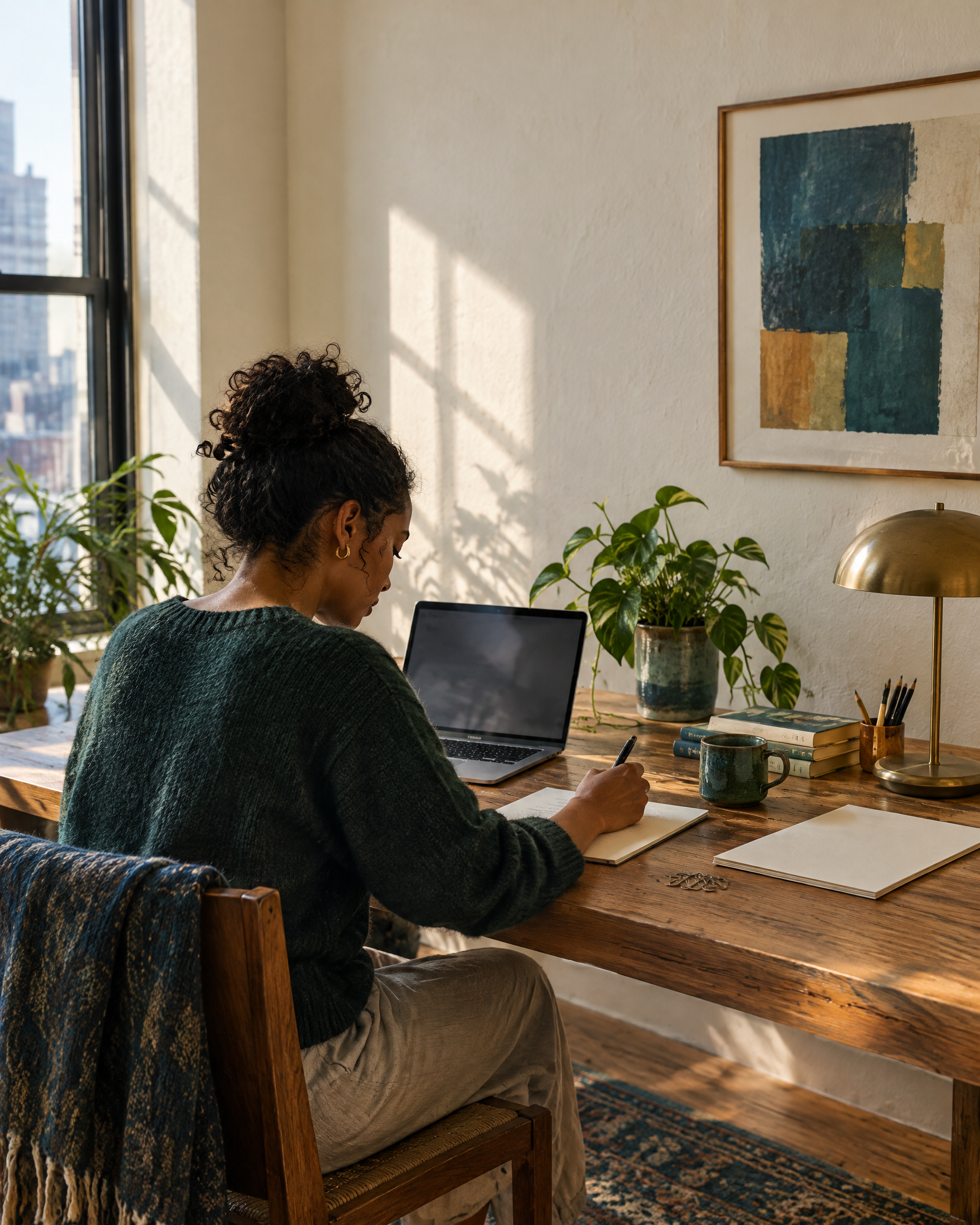 An independent writer working at a desk