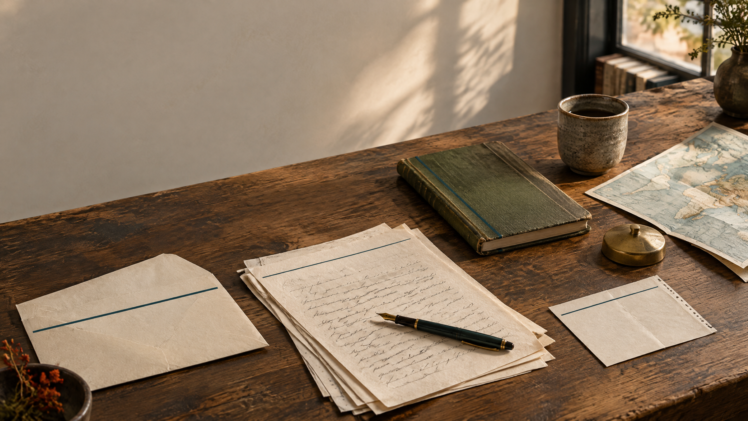 Writing desk with correspondence, drafts, and a small map